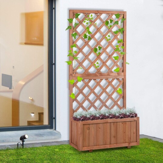 Blomsterkasse i tre med espalier for klatreplanter