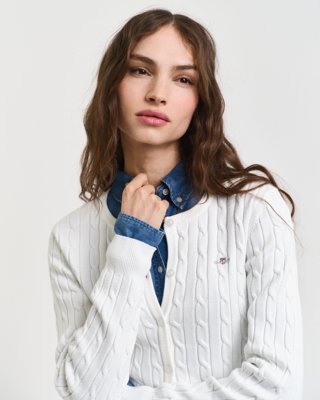 Bomullskabelstrikket cardigan med stretch EGGSHELL XL Bomullskabelstrikket cardigan med stretch EGGSHELL XL