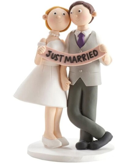 Flott Brudepar med "Just Married" Banner Kaketopp 14 cm