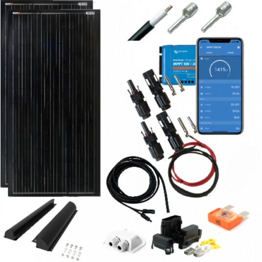 SKANBATT 400W 2x 189,5x55 SLIM 2x200W Black komplett kit med VICTRON BT MPPT. SKANBATT 400W 2x 189,5x55 SLIM 2x200W Black komplett kit med VICTRON BT MPPT.