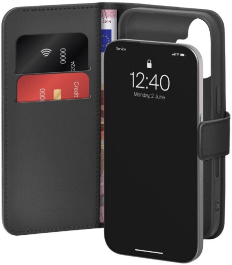Puro Eco-Lær Flip Deksel til iPhone 17 med Kortholder og Stativfunksjon – Svart