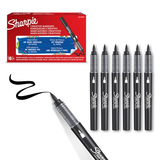 Sharpie Creative Marker Acrylic Paint Pens | Brush Tip Water Based Paint Markers | Black | 6 Count