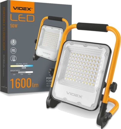 Videx 50W oppladbar LED lyskaster   1600lm IP65 bærbar arbeidslampe 3 lysstyrker USB C output   Dimbar : 3 trinns Kulør : Nøytral