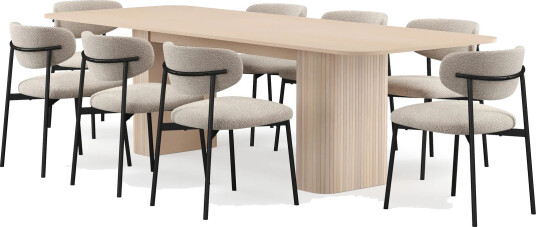 Kopparbo Spisebord 200-260 cm Uttrekkbart med ileggsplate med 8 Lucy Spisestoler - Hvit / Greige Bouclé / Metallben Svart