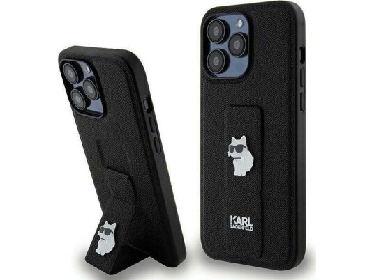 Karl Lagerfeld Mobildeksel Gripstand Saffiano Choupette Pins for iPhone 13 Pro - Svart