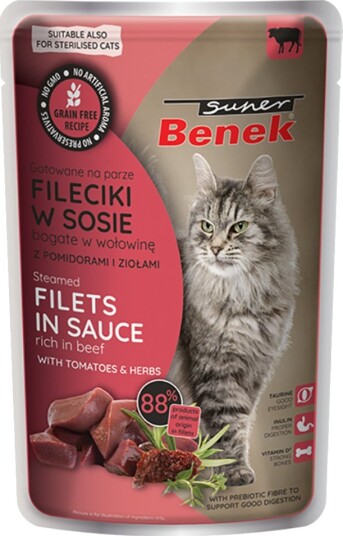 Benek Våtfôr Super Kornfrie Dampede Fileter Med Tomater I Saus Storfe 56 X 85 G Benek Våtfôr Super Kornfrie Dampede Fileter Med Tomater I Saus Storfe 56 X 85 G