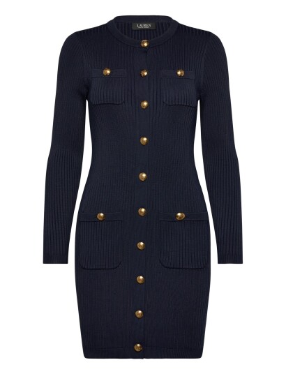 Lauren Ralph Lauren Button Trim Rib Knit Sweater Dress   Navy   L