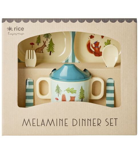 RICE Middagssett i melamin for babyer Blue Happy Forest Print 4 stk