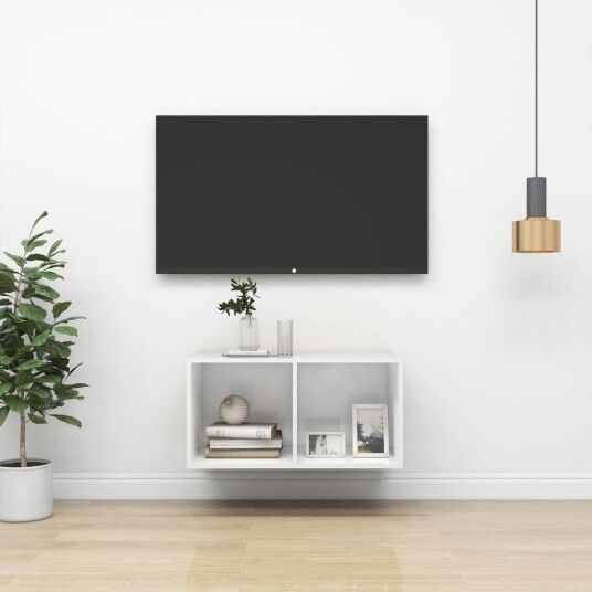 vidaXL Vegghengt TV-benk høyglans hvit 37x37x72 cm sponplate
