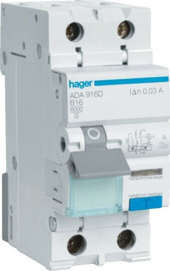 Hager ACA916G Personbeskyttelsesautomat 16A, 10 mA, Stikkontakter & kabler