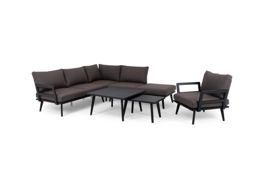 Brafab Villac sofagruppe Svart med brun pute 3 sits divansofa 2 st soffbord & lenestol