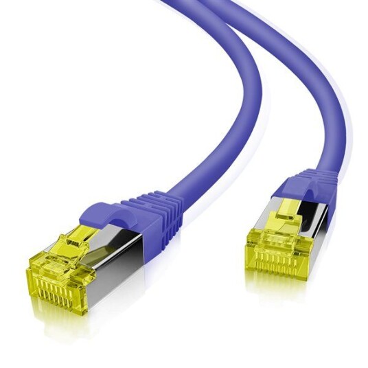 Helos Patchkabel S/Ftp (Pimf) Cat 6A Lilla 20M - Hel Kobber Patchkabel Med Smal Knekkbeskyttelse - Inkludert Lengdeangivelse På Rj45-Pluggen - Pimf-Skjermet Cat6a-Kabel Halogenfri - 10Gbe Egnet Og Poe-Kompatibel (191273)
