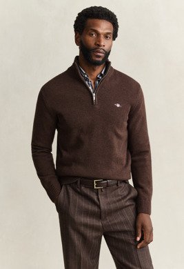 Gant Cotton Knit Half Zip Sweater BLACK BROWN MELANGE XL
