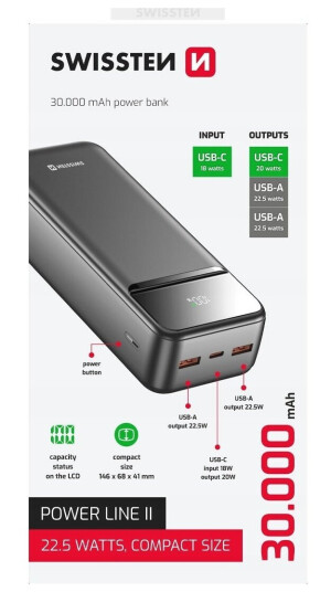 Swissten, Powerbank, Power Line Ii, Li-Pol, 5/9/12V, For Lading Av Telefoner Og Andre Enheter, 22013948, 30000Mah, Svart
