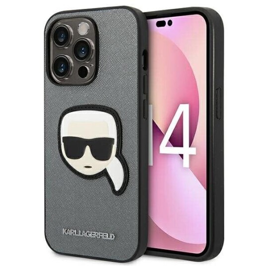 Karl Lagerfeld Saffiano Hardcase til iPhone 14 Pro med Karl Head Patch - Sølv