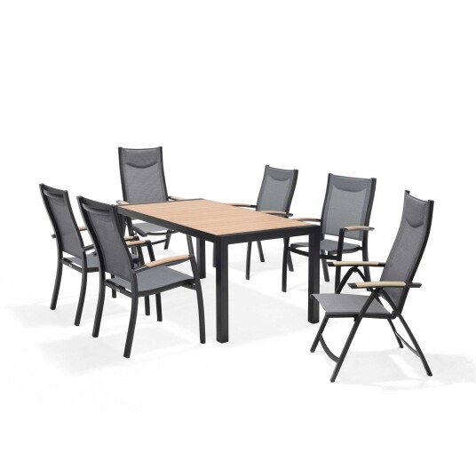 Lifestyle Garden Panama spisegruppe Teak/svart 4 stablestoler 2 posisjonsstoler & bord 160x90 cm