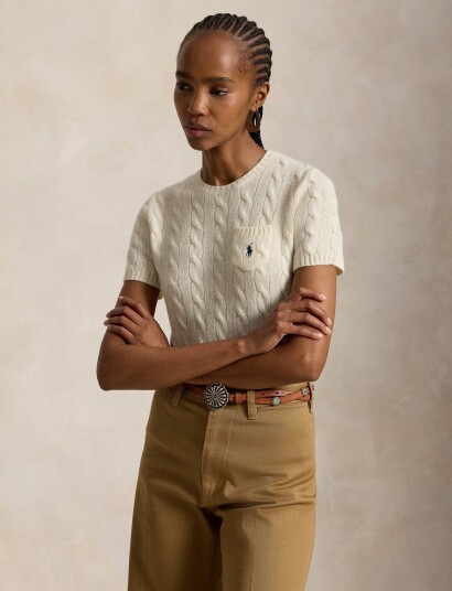 Polo Ralph Lauren Cable Wool Cashmere Short Sleeve Sweater Cream M