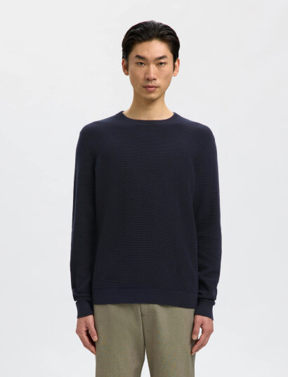 Selected Slhross Ls Knit Structure Crew Neck Noos - Navy - M