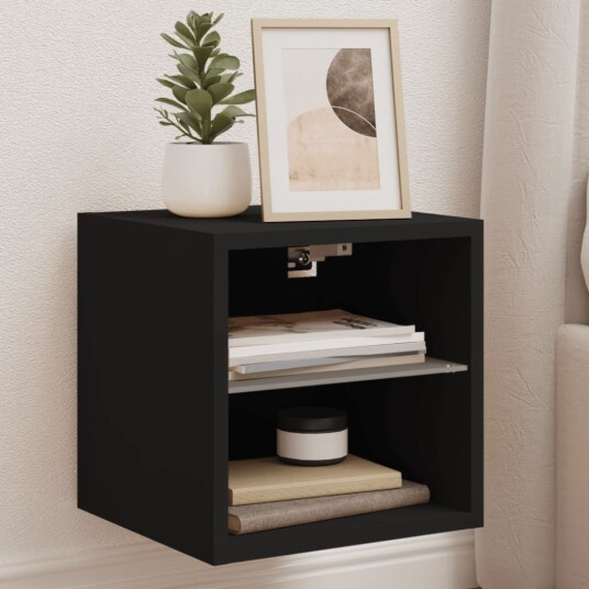 Vegghengt TV-benk med LED 2 stk svart 30x28,5x30 cm 836976