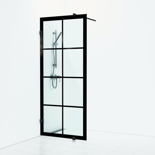 Svedbergs 180° dusjvegg fast, 88 cm, industridekor, sort matt profil