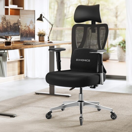 Ergonomisk kontorstol 70×70×136 cm / skrivebordsstol med 4D armlener og korsryggstøtte – Svart