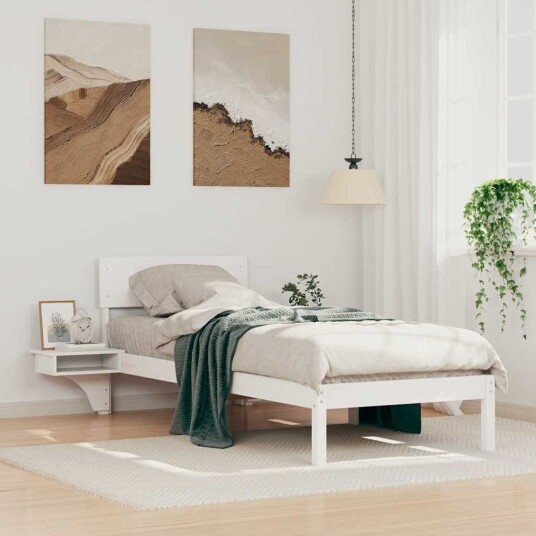Sengeramme med nattbord Hvit 75 x 190 cm Heltre furu Sengeramme med nattbord Hvit 75 x 190 cm Heltre furu