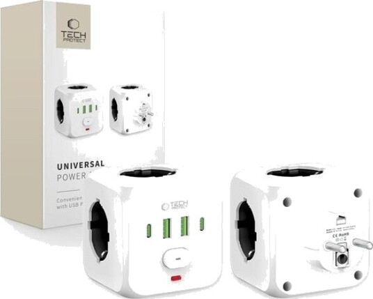 Tech-Protect PCL3X4 Strømskinne med 3 Schuko, 2 USB-A og 2 USB-C Hvit