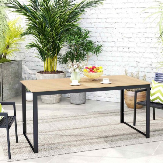 Hagebord for 6 personer 160 x 80 cm værbestandig balkongbord med trelook lamelldesign, buffetbord metall campingbord terrassebor Hagebord for 6 personer 160 x 80 cm værbestandig balkongbord med trelook lamelldesign, buffetbord metall campingbord terrassebor