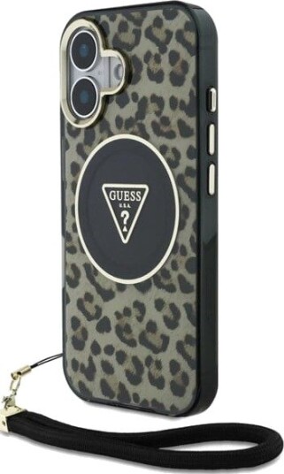 GUESS HC IML Leopard Triangle Cord Strap MagSafe iPhone 16 Case - Brown