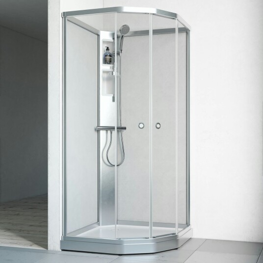 Macro Flow Semi Dusjkabinett, m/armatur 81x91 cm, Alu Matt/Klar, Hvit bakvegg
