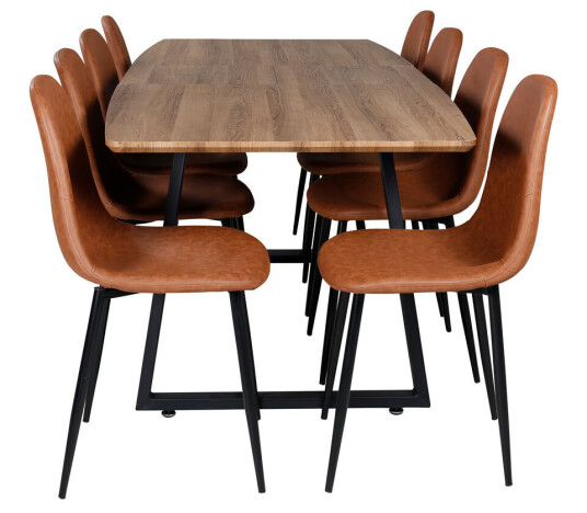 IncaNABL spisegruppe spisebord uttrekksbord lengde cm 160 / 200 el tre dekor og 8 Polar spisestuestoler PU kunstskinn brun.