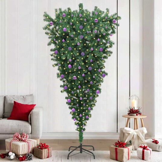  Opp ned kunstig belyst juletre med kule sett grønn 240 cm PVC
