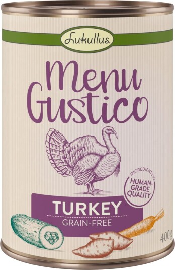 Lukullus våtfôr Menu Gustico med søtpotet squash og gulrøtter Kalkun 12 x 400 g