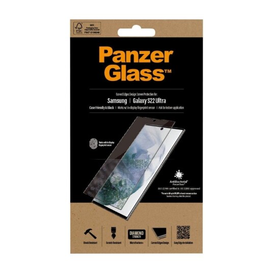 PanzerGlass AntiBakteriell Skjermbeskytter for Samsung Galaxy S22 Ultra - Edge-to-Edge, Case-Friendly, Svart