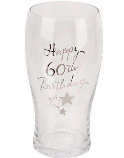 60 års Feiring Glass Krus / Pint med Gravert Tekst og Stjerner