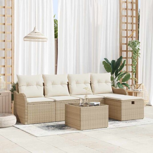 6-delt hagesofa-sett med beige puter i poly rattan