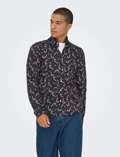 ONLY & SONS Onself Xmas Aop Slim Poplin Ls Shirt - Black - XS ONLY & SONS Onself Xmas Aop Slim Poplin Ls Shirt - Black - XS