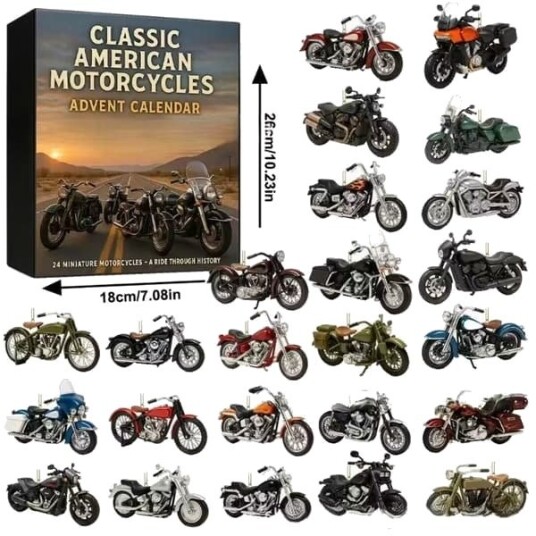 Klassiske Amerikanske Motorsykler Julekalender 2026 24 dagers Nedtelling til Jul med 2D Flate Motorsykkel Hengende Ornamenter