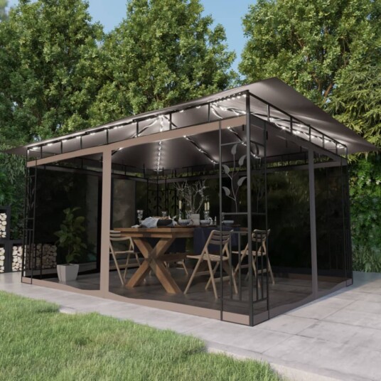 vidaXL Paviljong med myggnett og LED-lysslynge 4x3x2,73 m gråbrun vidaXL Paviljong med myggnett og LED-lysslynge 4x3x2,73 m gråbrun
