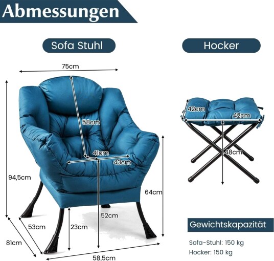 Lenestol med krakk & armlener & sidelomme & fotstøtte avslapningsstol vingestol blå