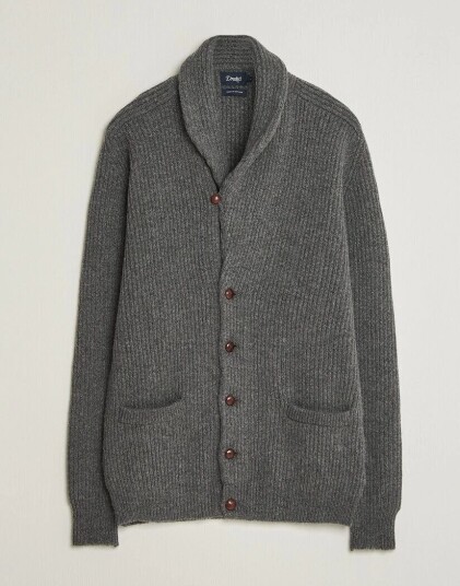Drake's Lambswool Shawl Collar Rib Cardigan Grey