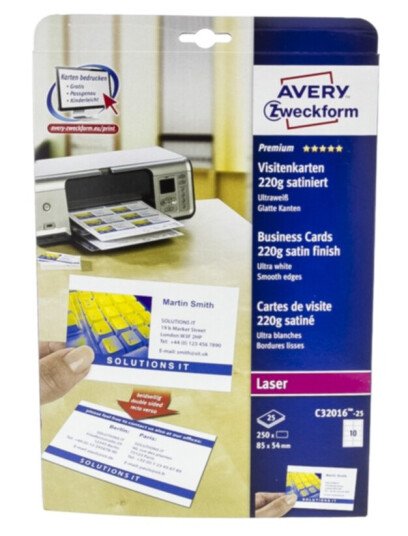 Avery C32016-25 Visittkort hvite, 25 ark, 10 visittkort/ark, 85x54mm, 220g Avery C32016-25 Visittkort hvite, 25 ark, 10 visittkort/ark, 85x54mm, 220g