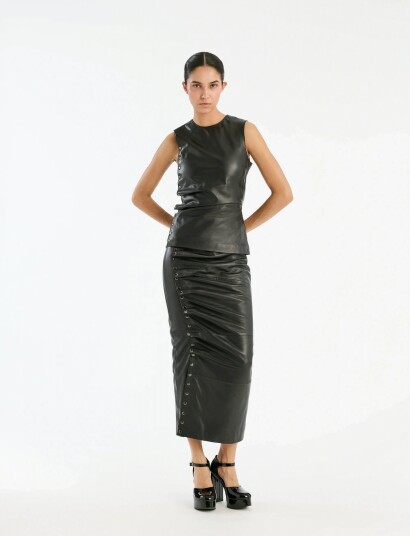ROTATE Birger Christensen Midi Leather Skirt Black 34