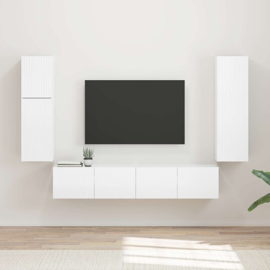 TV benksett Veggmontert 4 pcs Høyglanset hvit Konstruert tre TV benksett Veggmontert 4 pcs Høyglanset hvit Konstruert tre