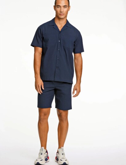 Lindbergh Seersucker Shirt S/S Navy XL
