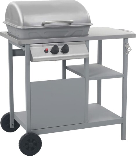 Gassgrill med sidebord i 3 etasjer sølv