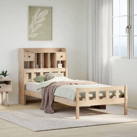 Seng med bokhylle uten madrass 100x200 cm heltre furu 8721158609557
