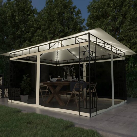 vidaXL Paviljong med myggnett og LED-lysslynge 4x3x2,73 m kremhvit vidaXL Paviljong med myggnett og LED-lysslynge 4x3x2,73 m kremhvit