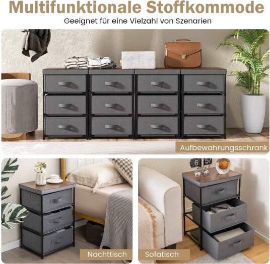 Nattbord med stoffskuffer Sidebord med metallramme Grå 40 x 30 x 62 cm