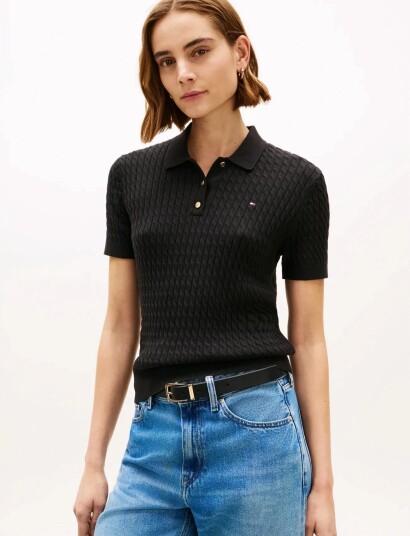 Tommy Hilfiger Co Cable Fine Gg Polo S/S Swt Black L